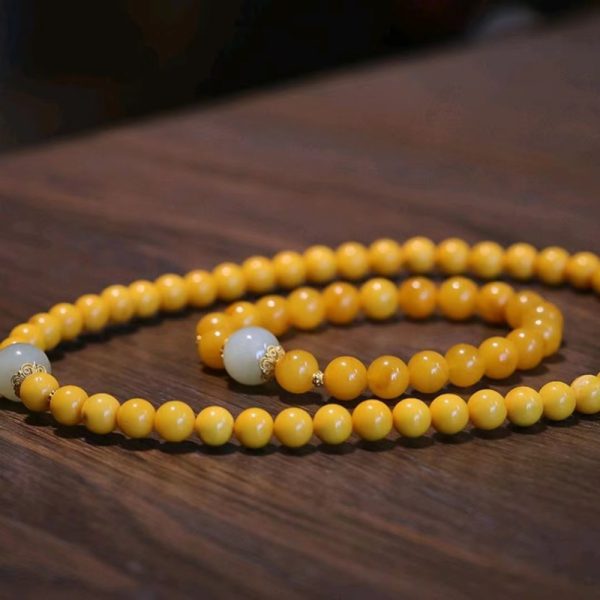 Natural Honey Wax Bracelet/Necklace-Hetian Jade Good Luck Beads - Image 3