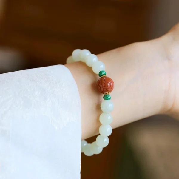 Hetian White Jade Bracelet - Red Agate-Green Jadeite - Image 4