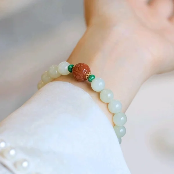 Hetian White Jade Bracelet - Red Agate-Green Jadeite - Image 5