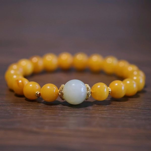 Natural Honey Wax Bracelet/Necklace-Hetian Jade Good Luck Beads - Image 4