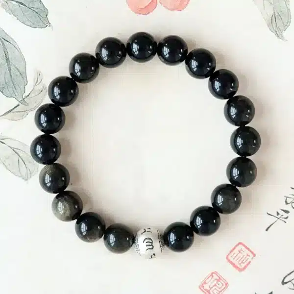 Obsidian Bracelet with Sterling Silver Mantra Bead – Om Mani Padme Hum Engraving - Image 4
