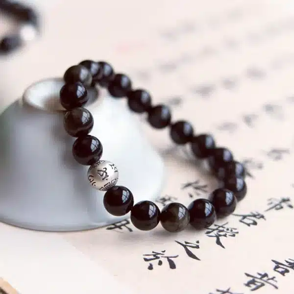 Obsidian Bracelet with Sterling Silver Mantra Bead – Om Mani Padme Hum Engraving - Image 3