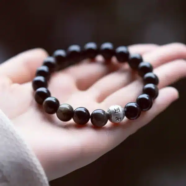 Obsidian Bracelet with Sterling Silver Mantra Bead – Om Mani Padme Hum Engraving - Image 2