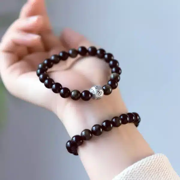 Obsidian Bracelet with Sterling Silver Mantra Bead – Om Mani Padme Hum Engraving - Image 6