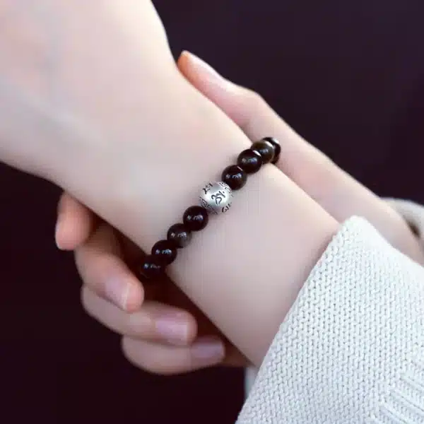 Obsidian Bracelet with Sterling Silver Mantra Bead – Om Mani Padme Hum Engraving - Image 7
