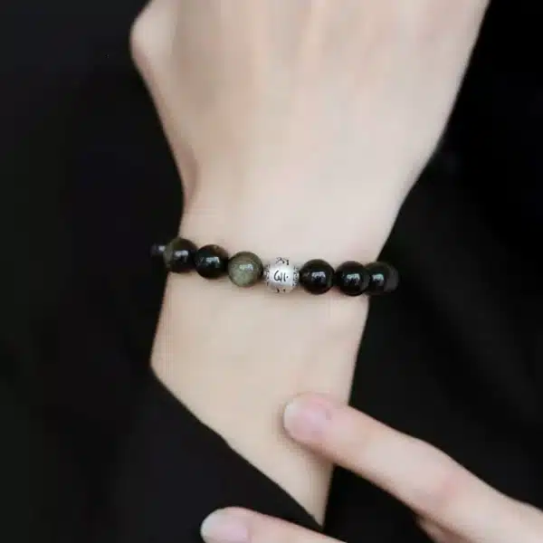 Obsidian Bracelet with Sterling Silver Mantra Bead – Om Mani Padme Hum Engraving - Image 10