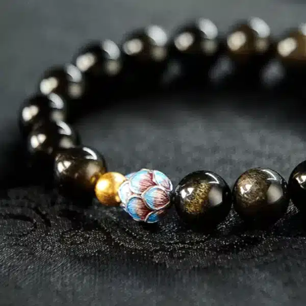 Black Obsidian Bracelet – Lotus Bead with Gold Accent, Elegant Unisex Jewelry - Image 2