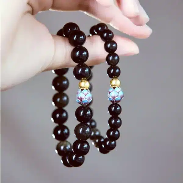 Black Obsidian Bracelet – Lotus Bead with Gold Accent, Elegant Unisex Jewelry - Image 7