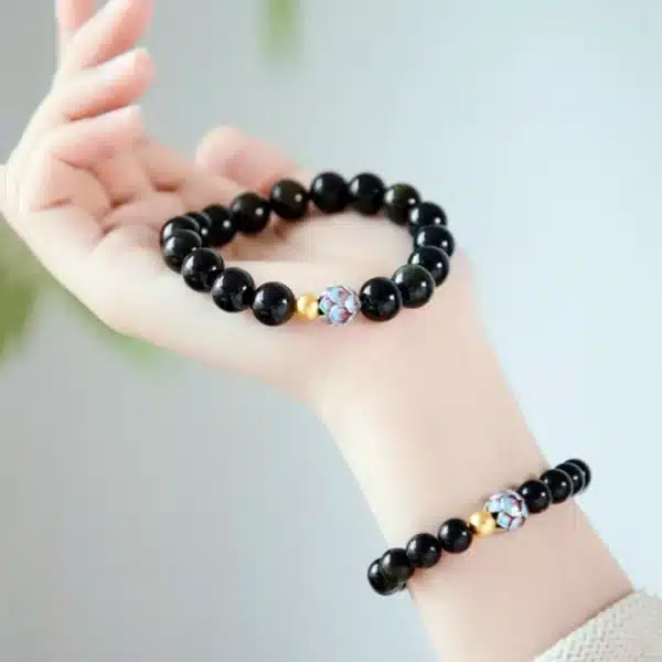 Black Obsidian Bracelet – Lotus Bead with Gold Accent, Elegant Unisex Jewelry - Image 4