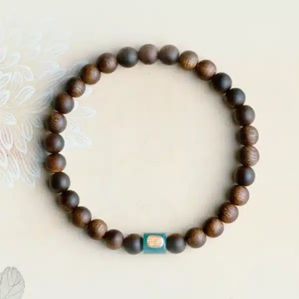 Sandalwood Bracelet with Blue Jade Barrel Bead & Gold-Plated Silver Inlay - Image 4