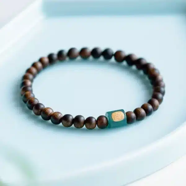 Sandalwood Bracelet with Blue Jade Barrel Bead & Gold-Plated Silver Inlay - Image 3