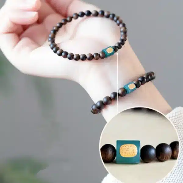 Sandalwood Bracelet with Blue Jade Barrel Bead & Gold-Plated Silver Inlay - Image 5