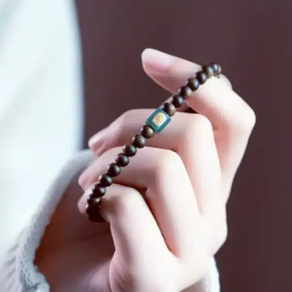 Sandalwood Bracelet with Blue Jade Barrel Bead & Gold-Plated Silver Inlay - Image 8